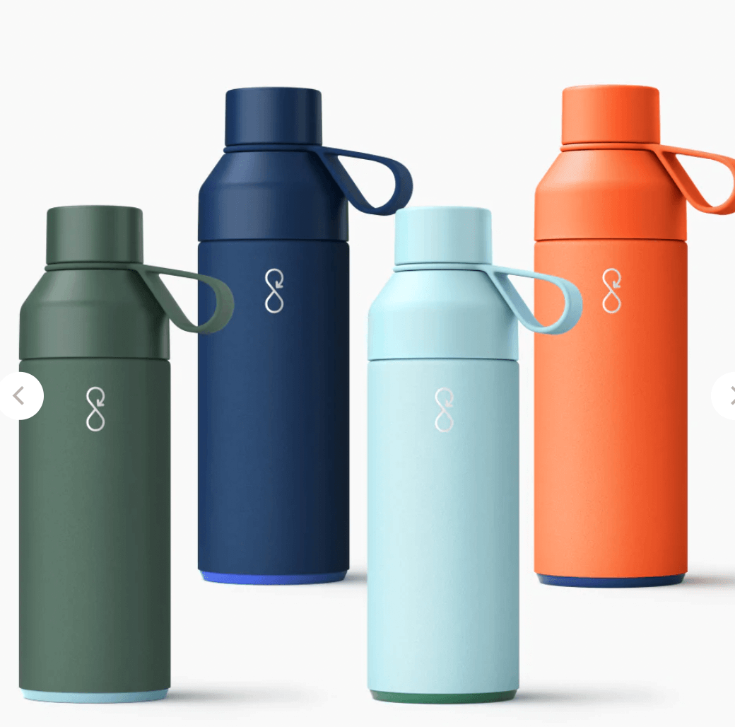 Four multicolored reusable water bottles