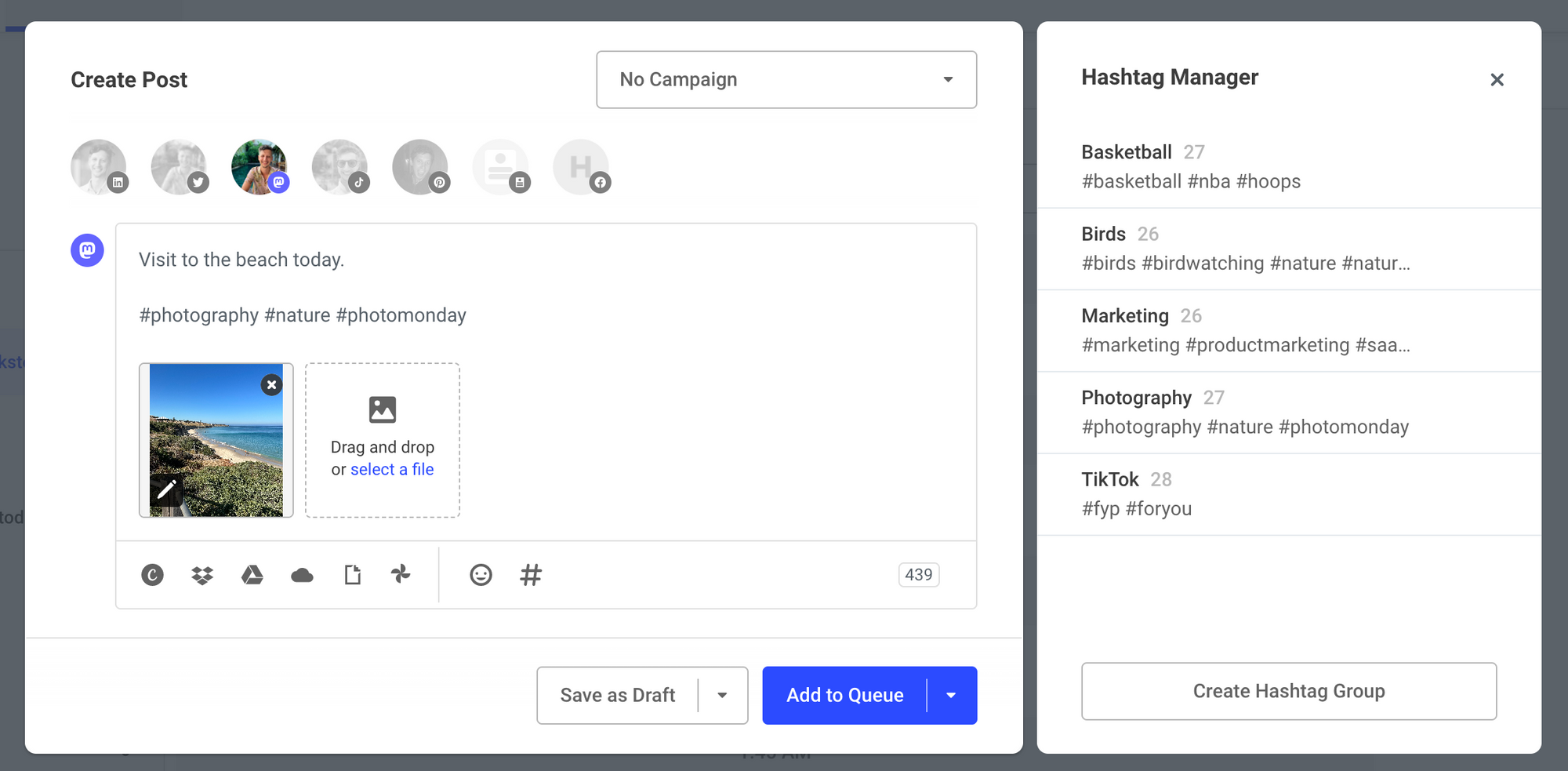 A screenshot of the hashtag manager in Buffer.