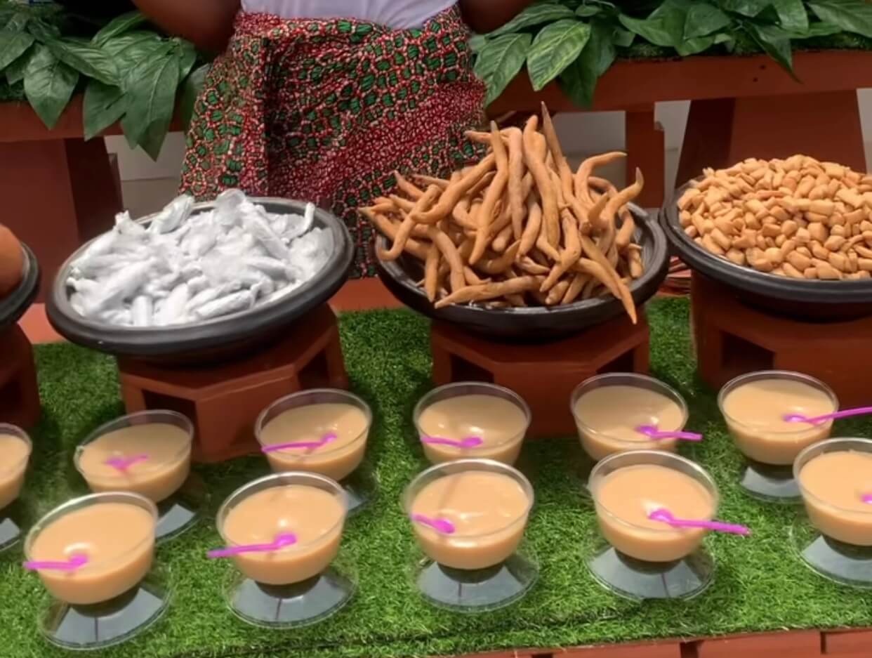 A sample of snacks served at a Ghanaian wedding : ayigbe toffee, adunlee, atsormor (L-R) and tigernut pudding (front)