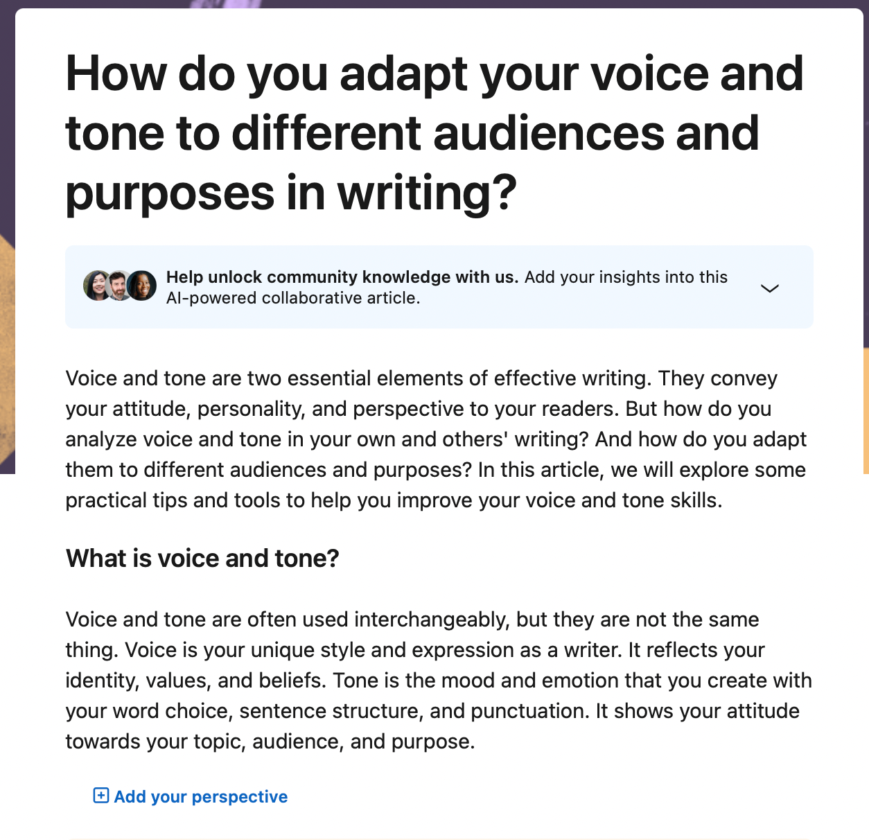 screenshot of a collaborative article on voice and tone 