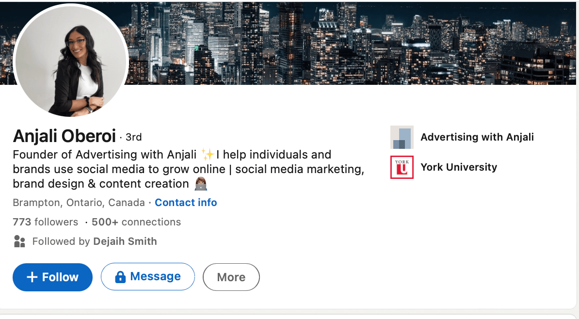 Profil LinkedIn de Anjali Oberoi