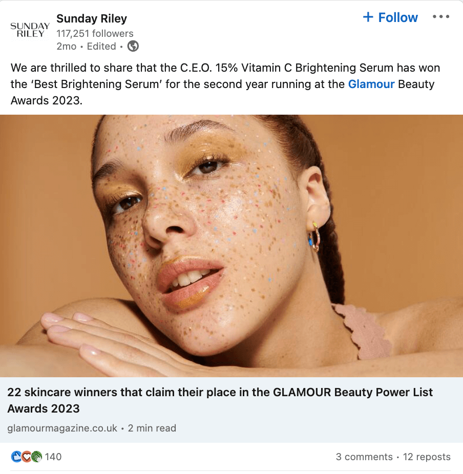 Sunday Riley highlight achievements example - How to Use LinkedIn for Business in 2024 | Buffer