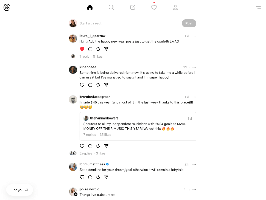 A screenshot showing the new web version of threads