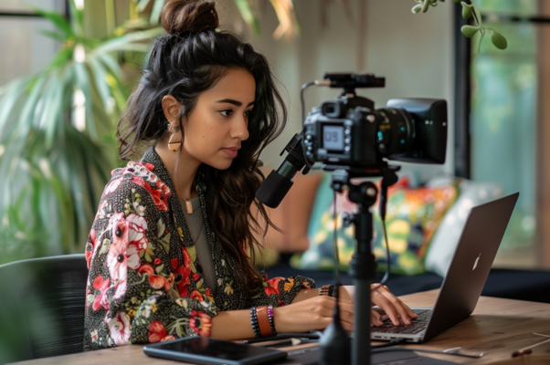 A woman works on a laptop in a plant-filled office, to illustrate using AI video generators