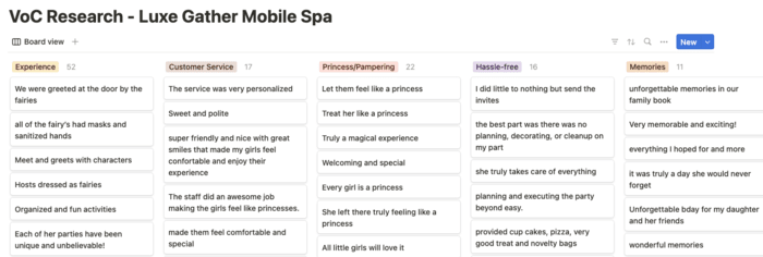 A screenshot of a Notion page showing how Tiffany classified the customer reviews for similar services