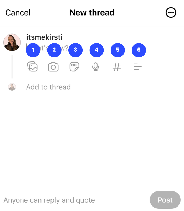 A screenshot showing how to create a post on the Threads app
