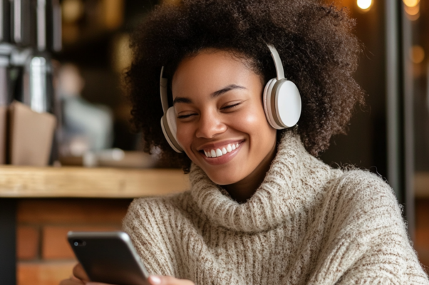 Woman wearing headphones smiles as she scrolls through her phone to indicate finding a trending tiktok sound