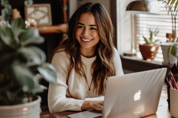 An AI-generated image of a young woman working on a laptop in a cozy home office, to illustrate post on LinkedIn. 