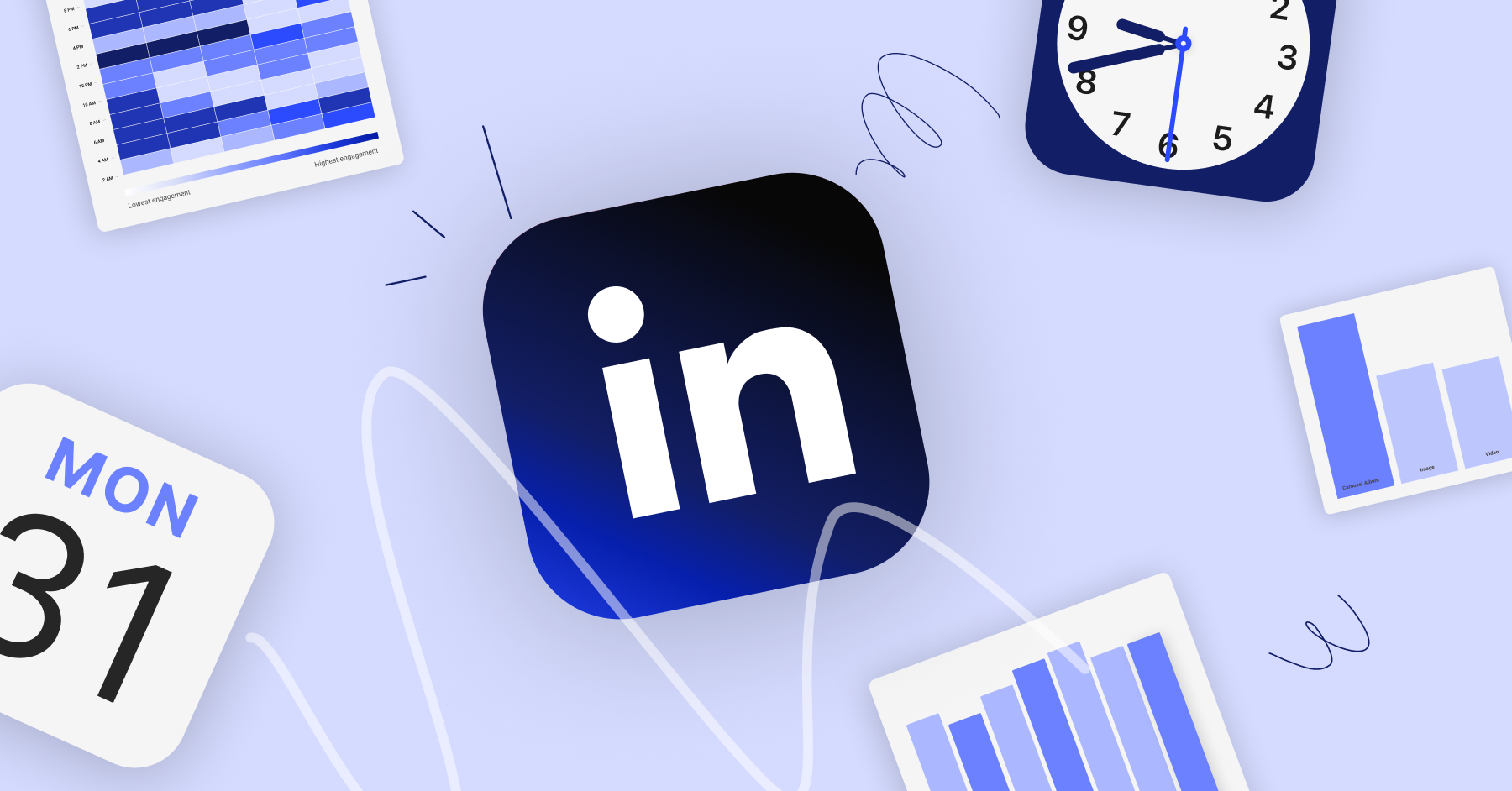 A calendar, clock, graph, and LinkedIn icon to illustrate the best time to post on LinkedIn