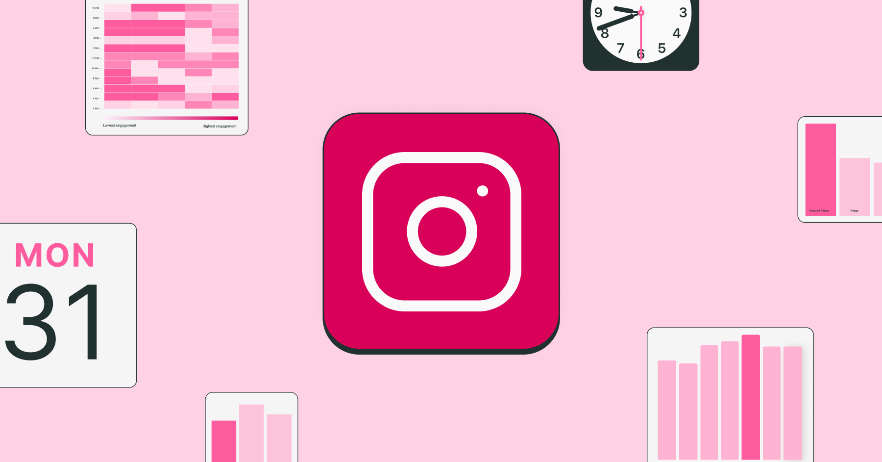 An image of the Instagram logo juxtaposed with a calendar and several graph icons on a pink background