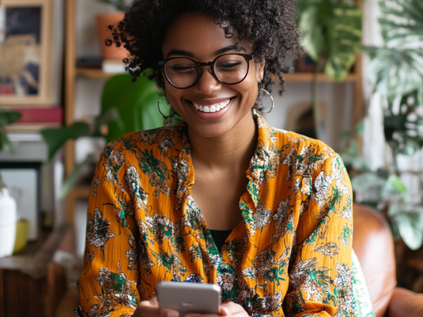 A woman smiling while looking at her phone to illustrate posting a link on Instagram stories