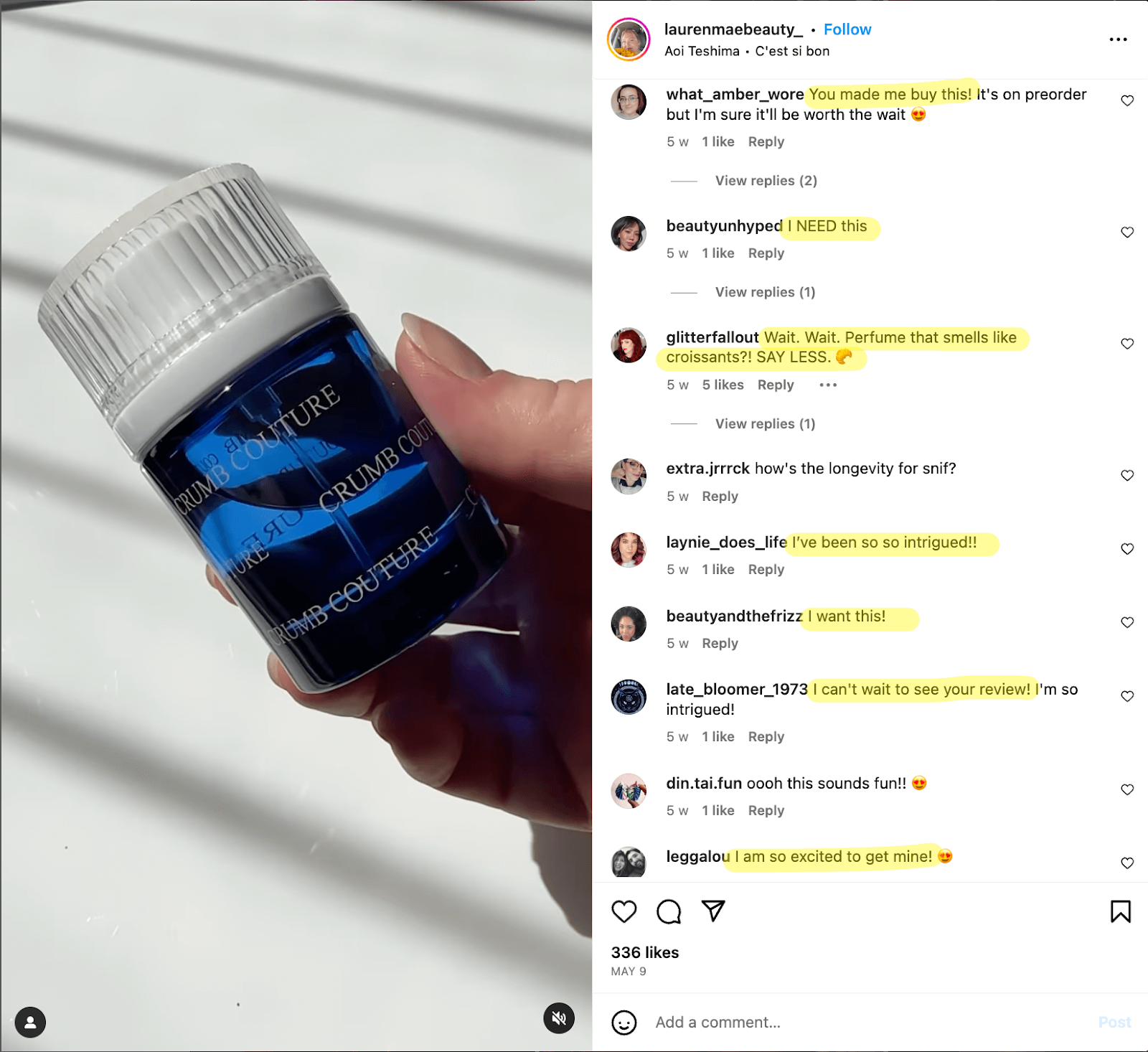 Lauren Mae's audience expresses excitement to try this product in the comments of a post featuring perfume.