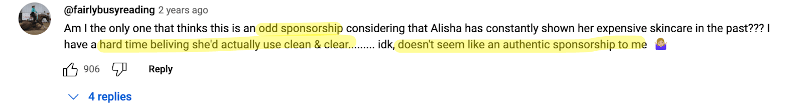 Comment on Alisha Marie's partnership video with Clean & Clear shows a skeptical response from her audience.