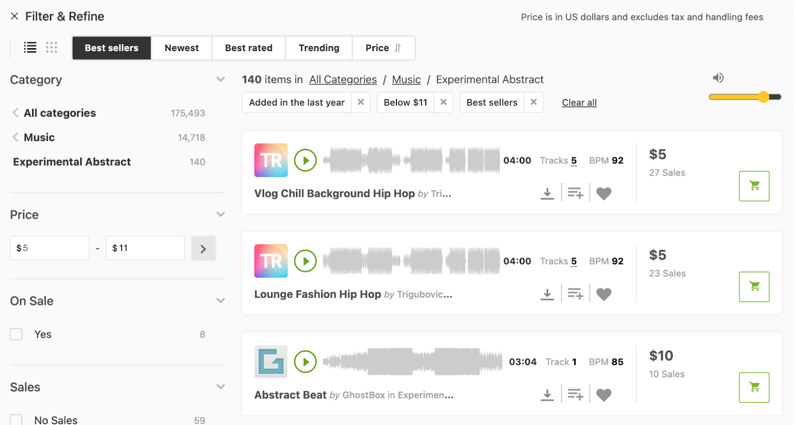 AudioJungle's music library filtered for best-selling tracks under $11 added in the last year.