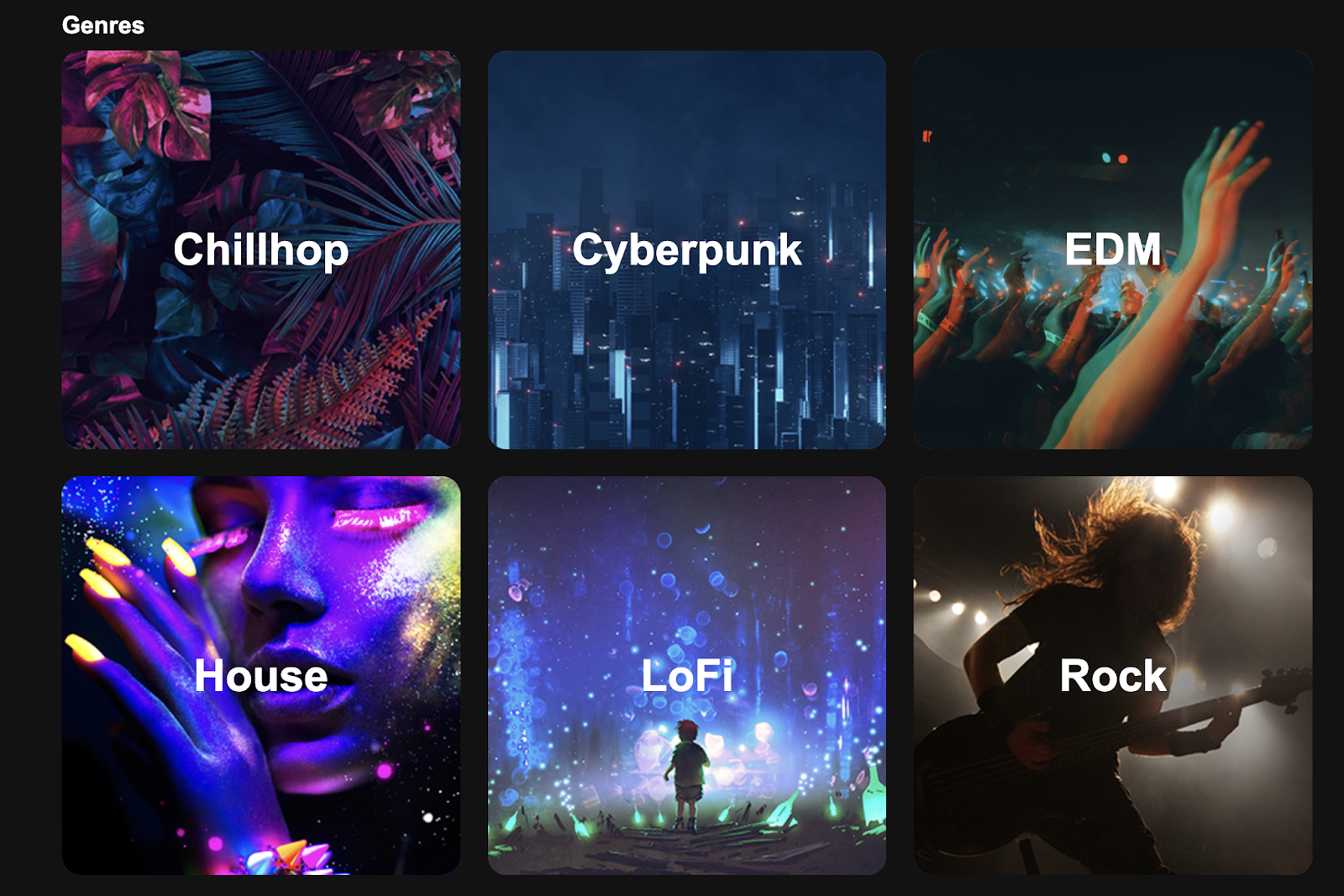 Genres available in CreatorMix, including LoFi, House, Rock, and Cyberpunk.