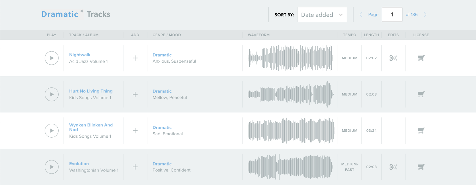 Freeplay Music's simple library includes basic sorting options like scene type and date added.