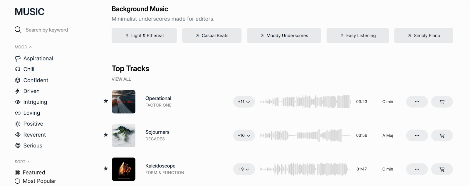 ens Distortions' audio library showing the mood filters available, like aspirational, reverent, and driven.