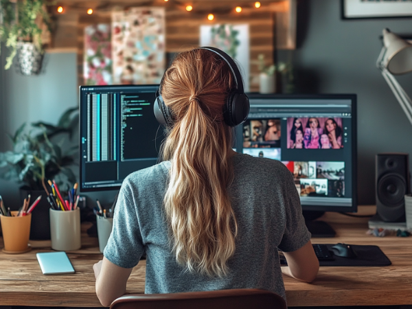 A young woman sits at her desk looking at two computer screens to illustrate looking for music for youtube videos