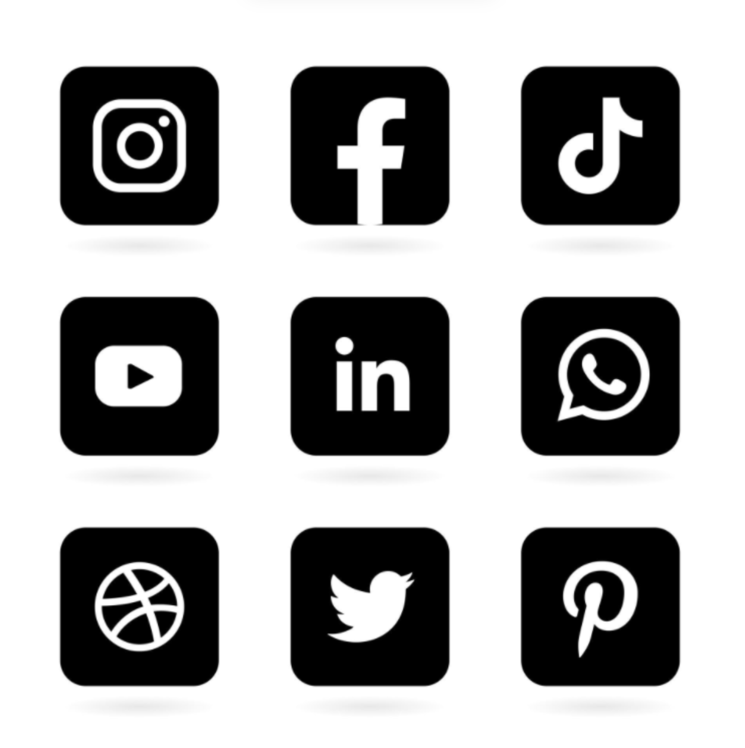 Collection of white social media icons on black rounded square backgrounds