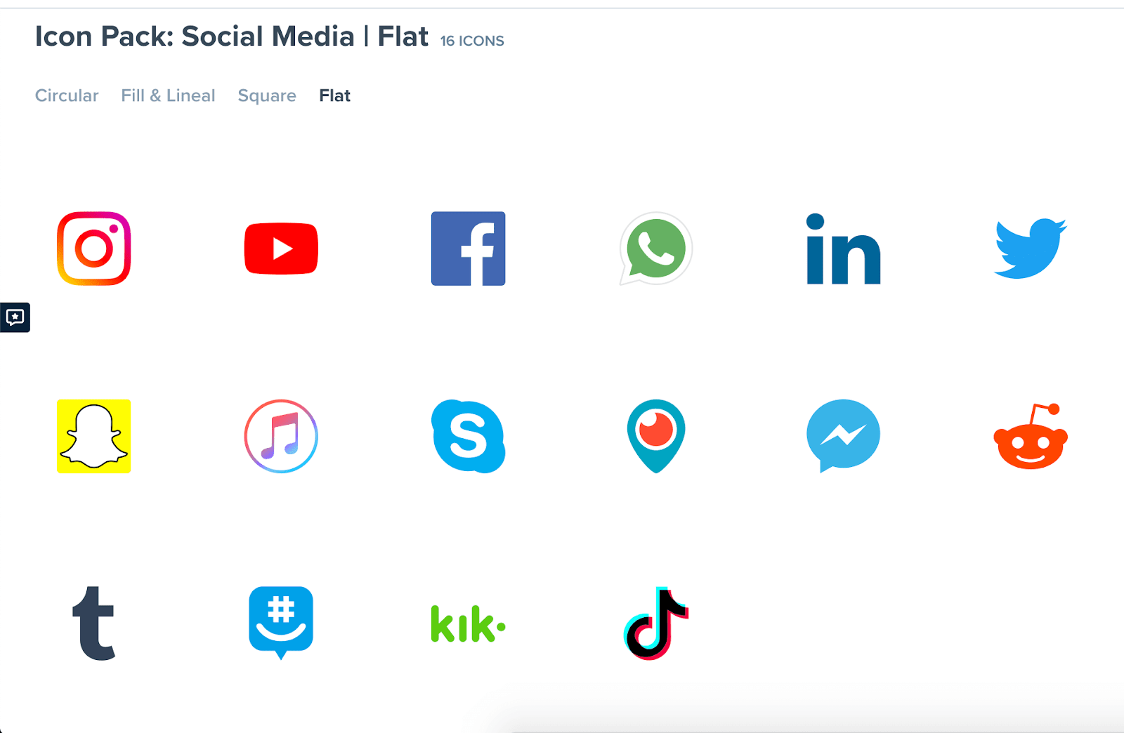 Flat icon pack showing 16 social media icons in their signature brand colors.