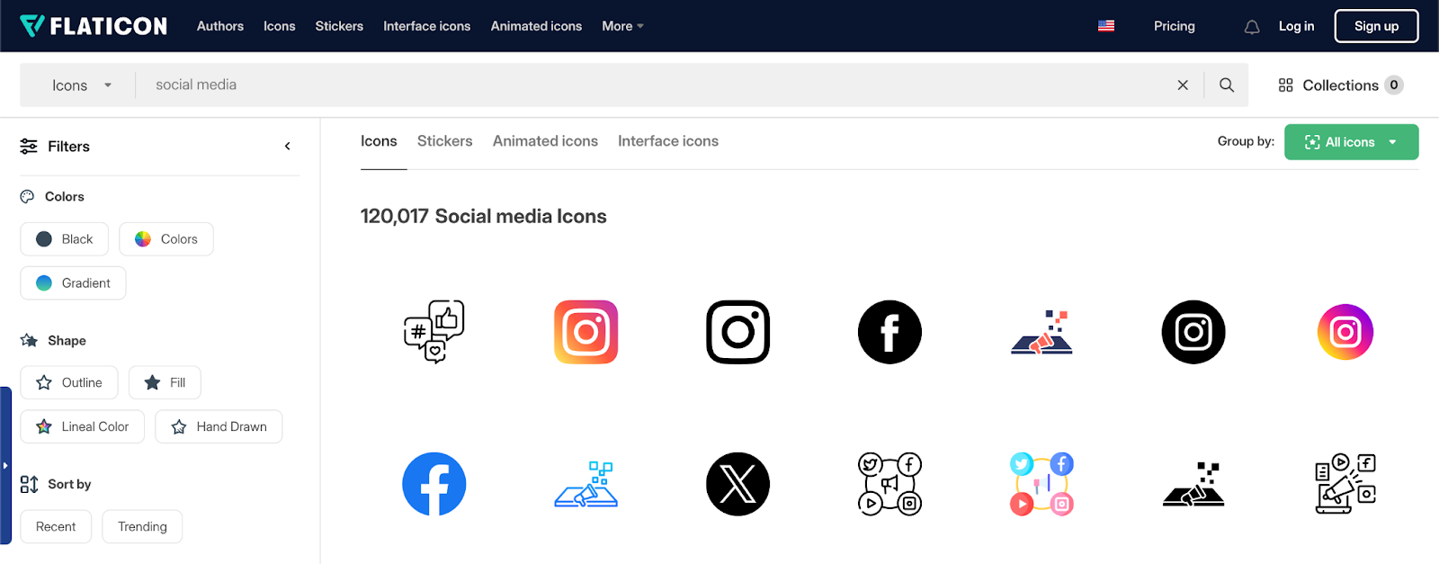 FlatIcon website displaying social media icon sets with different styles and colors