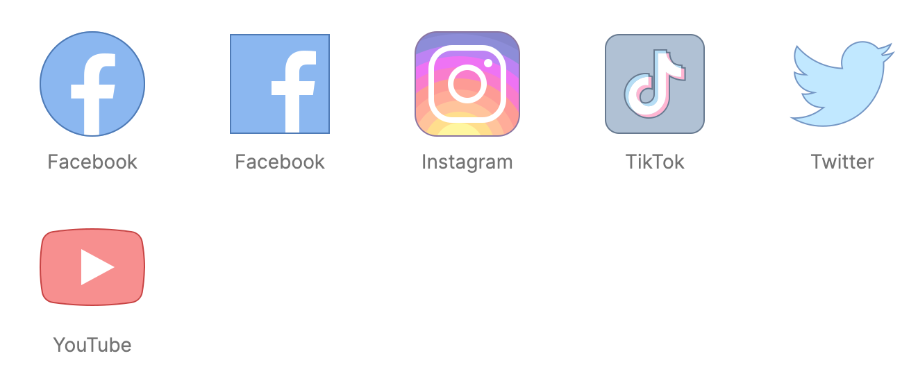 Collection of social media icons with a muted color scheme.