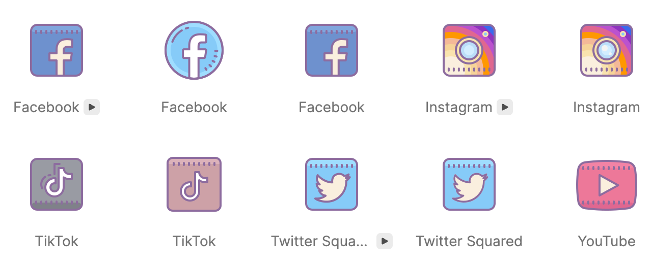 Set of social media icons in soft, pastel color palette.