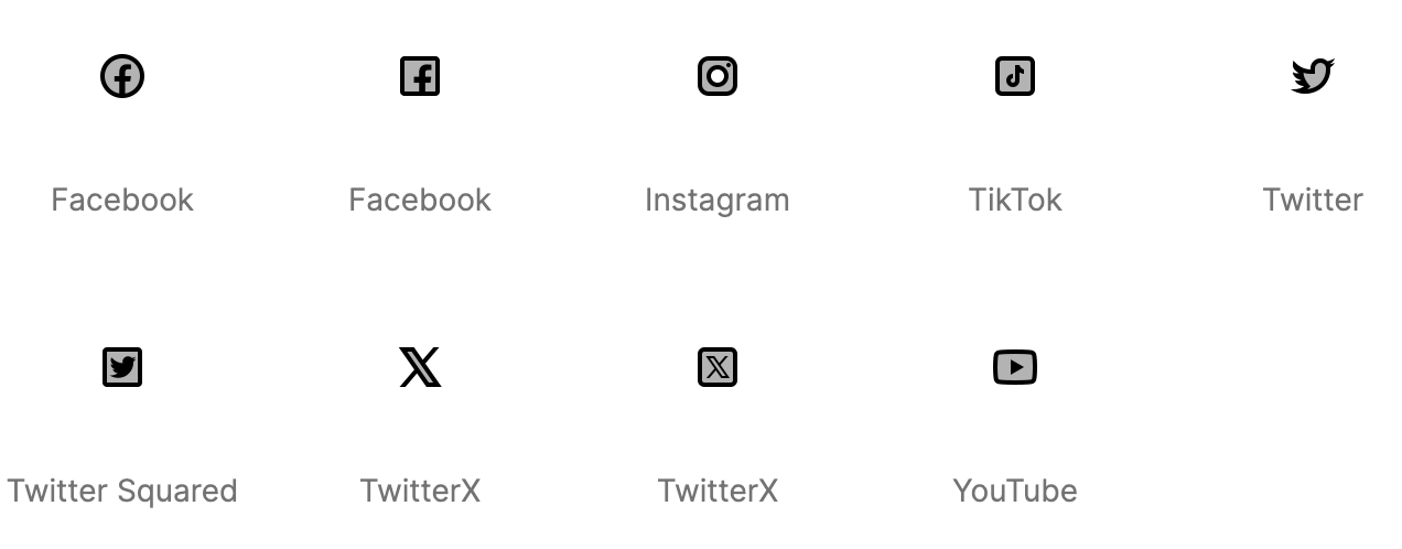 Set of black social media icons on gray backgrounds.