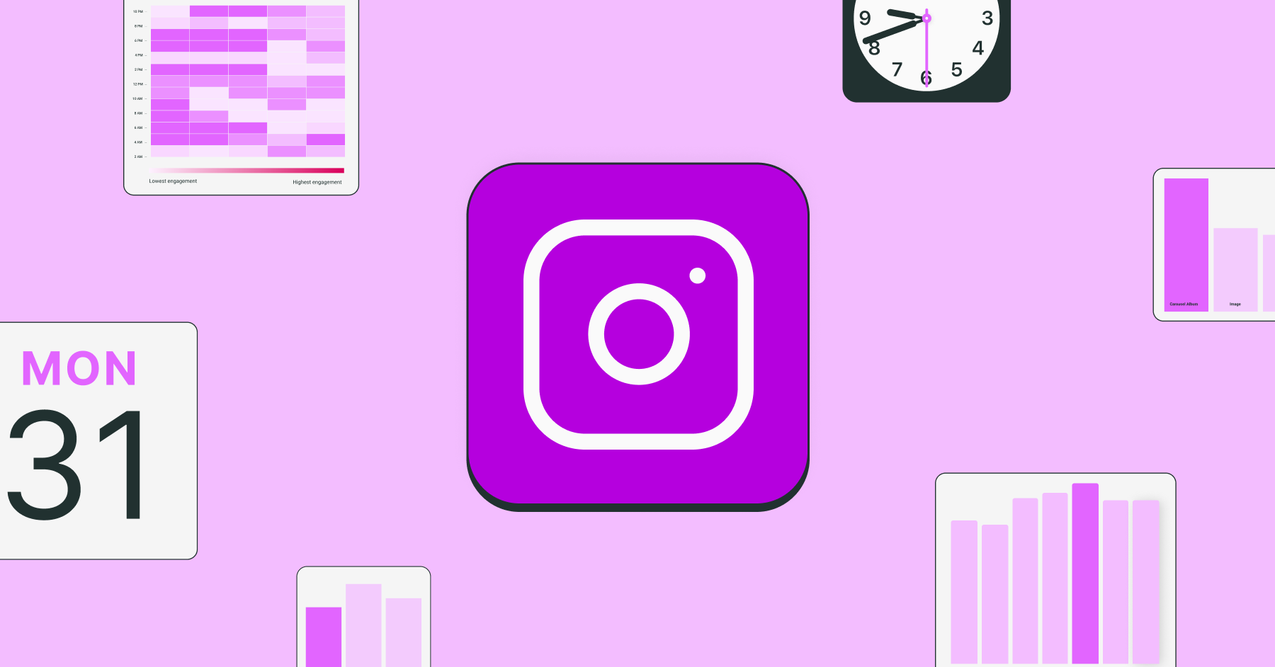 the instragram logo, calendar and clock icons juxtaposed with various graphs to illustrate the best time to post on Instagram