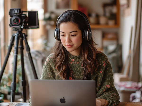 A young woman uses video editing tools on her macbook in her home office, with a camera set up on a tripod behind her