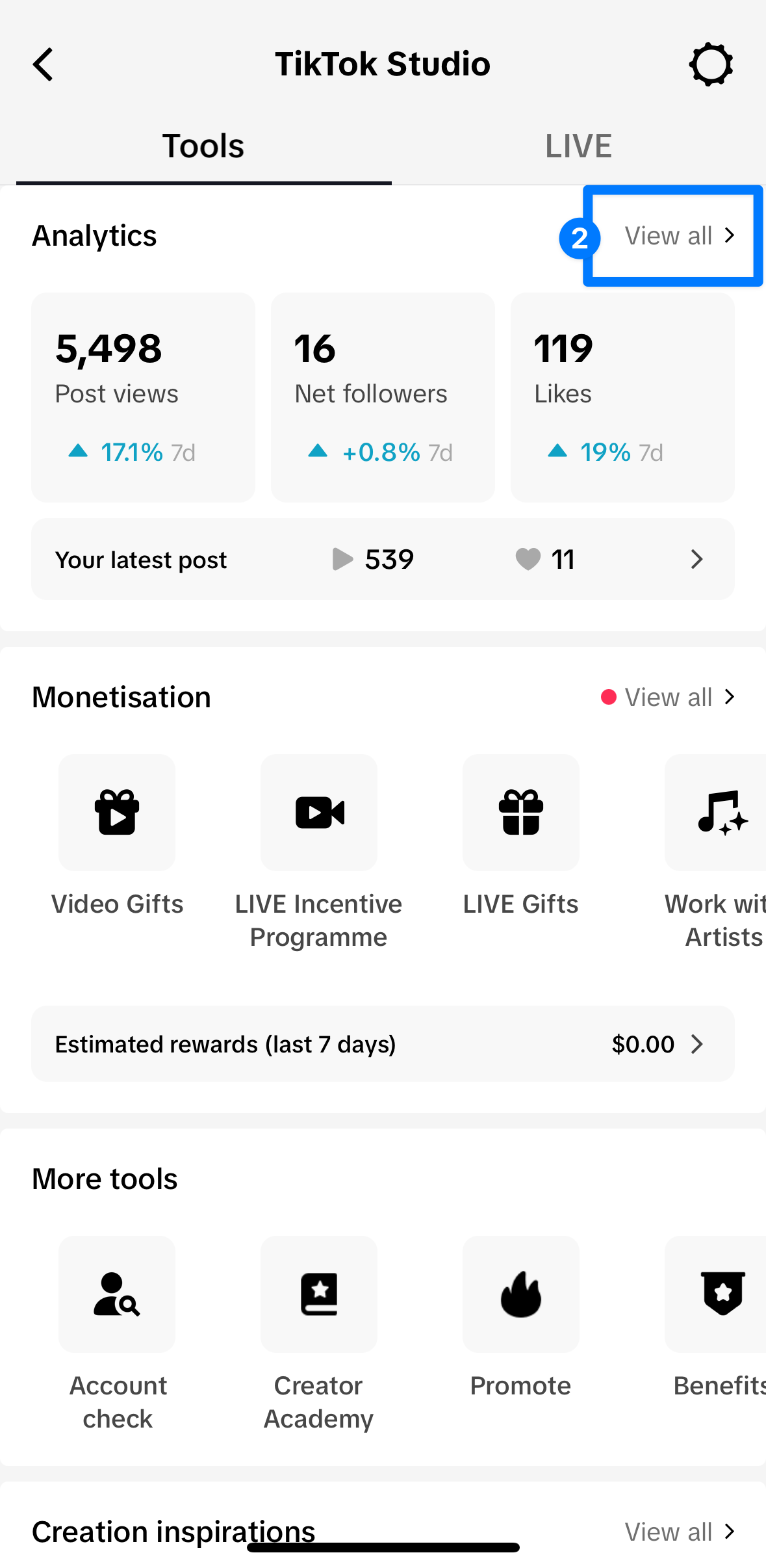 A screenshot of Kirsti Lang's TikTok analytics, to illustrate how to find your own best time to post on TikTok