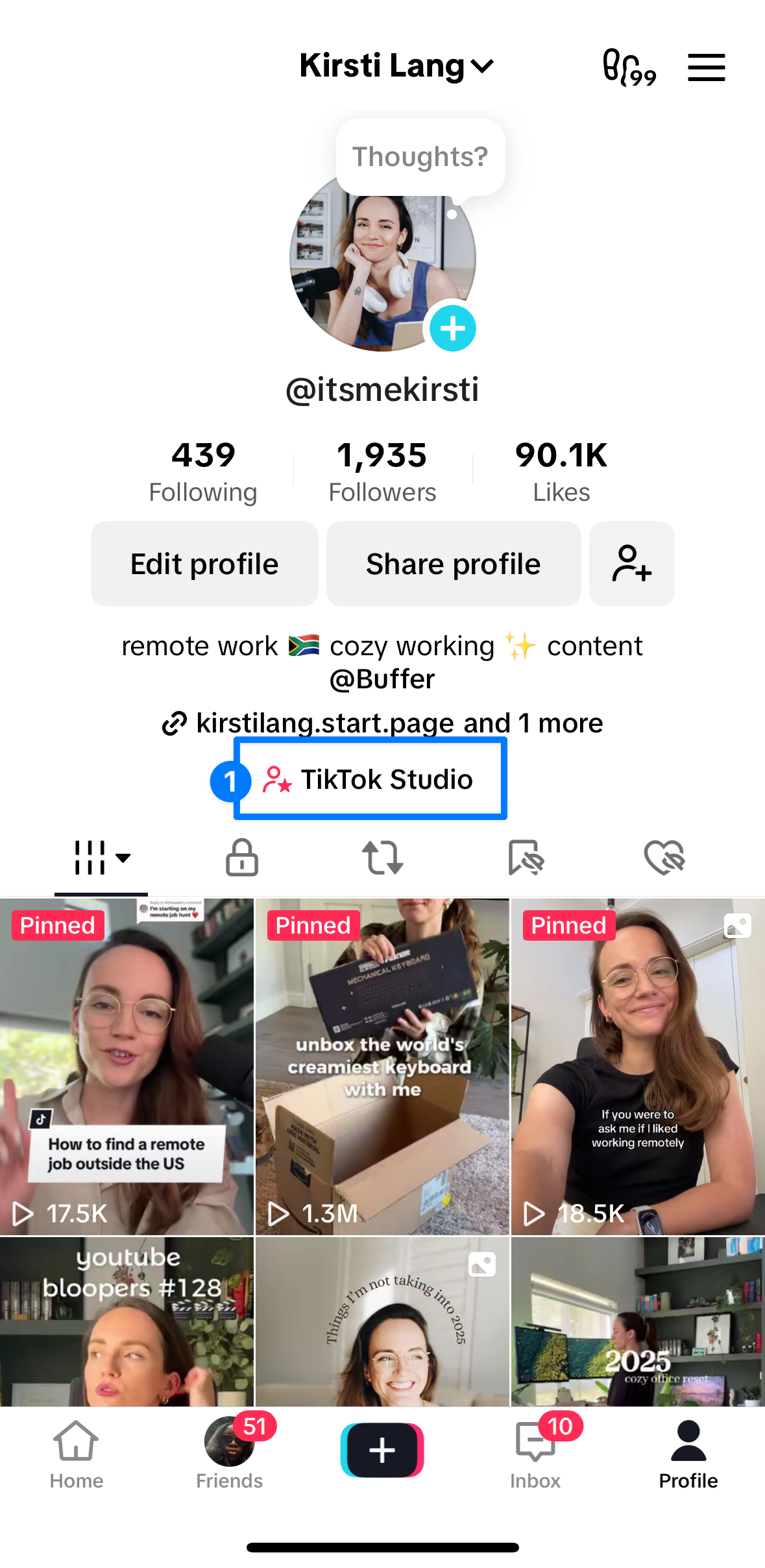 A screenshot of Kirsti Lang's TikTok profile page, to illustrate how to navigate to TikTok analytics and find your own best time to post on TikTok