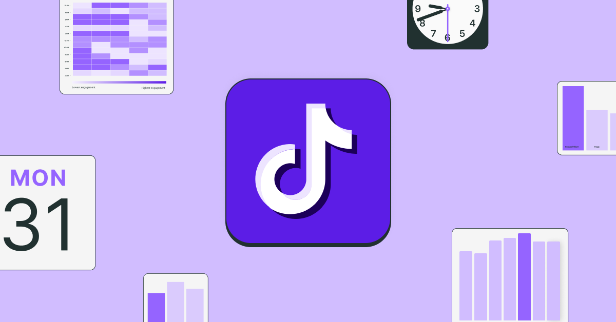 The TikTok logo, calendar app and clock icons with several graphs to illustrate the best time to post on TikTok