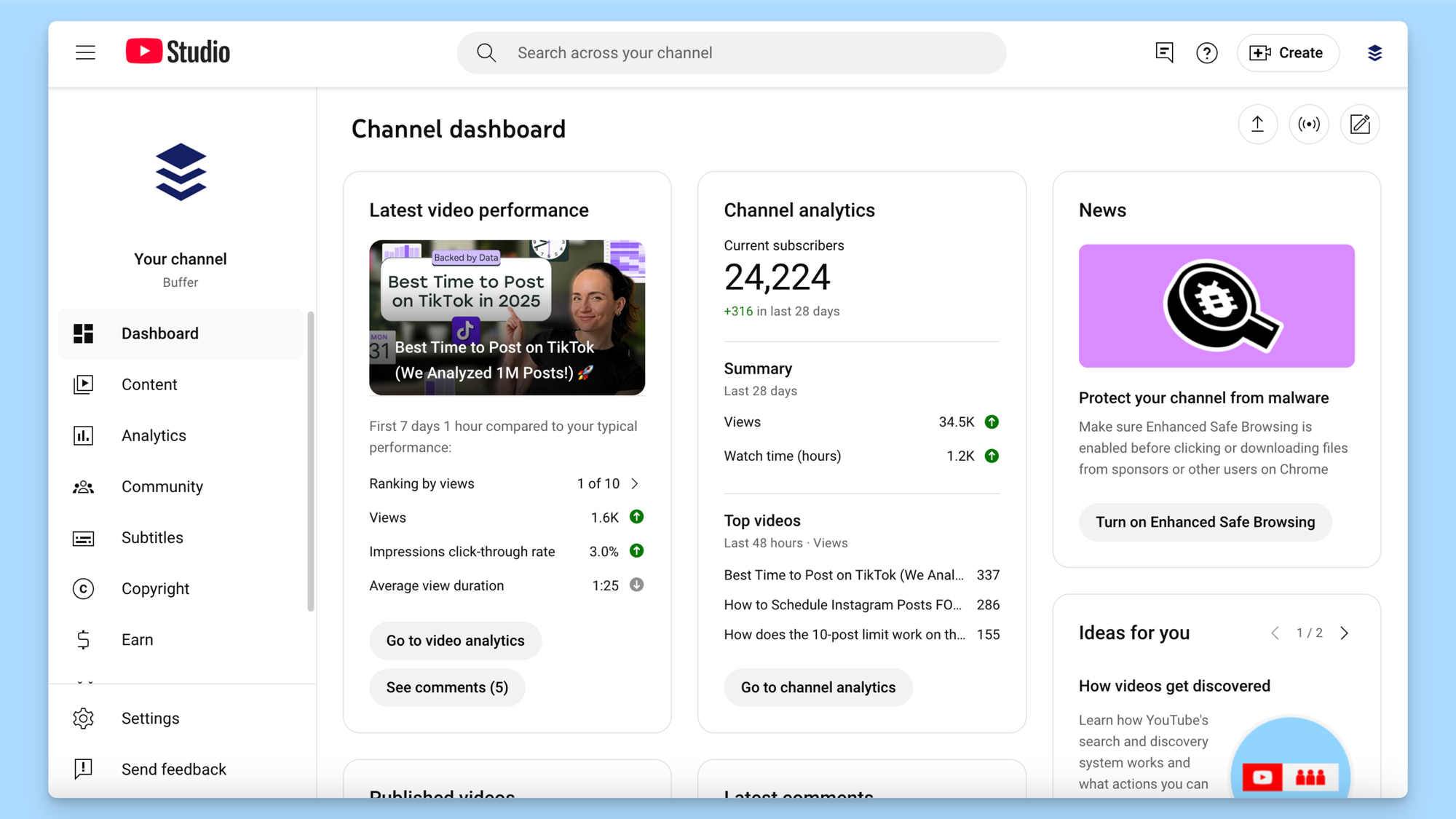 A view of Buffer's YouTube analytics