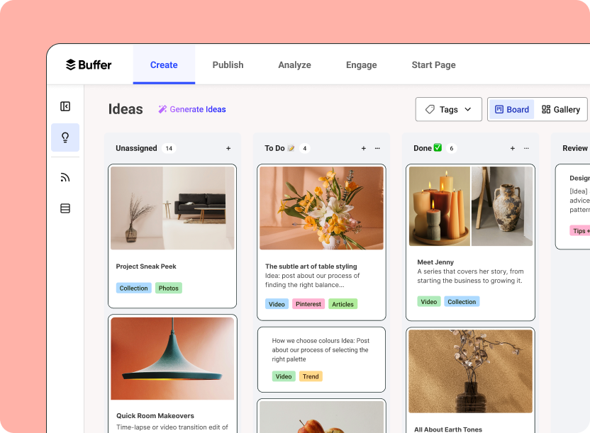 A screenshot of Buffer's Create Space, with content ideas organized into different boards