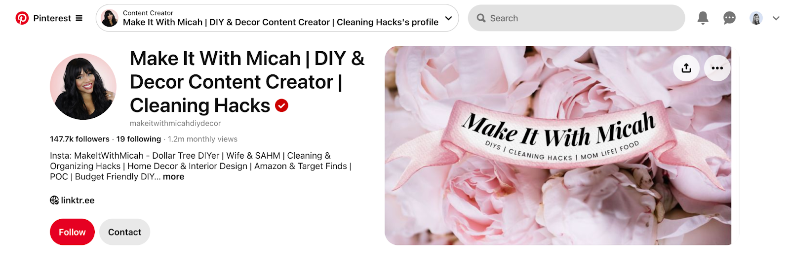 screenshot of make it with Micah's pinterest profile