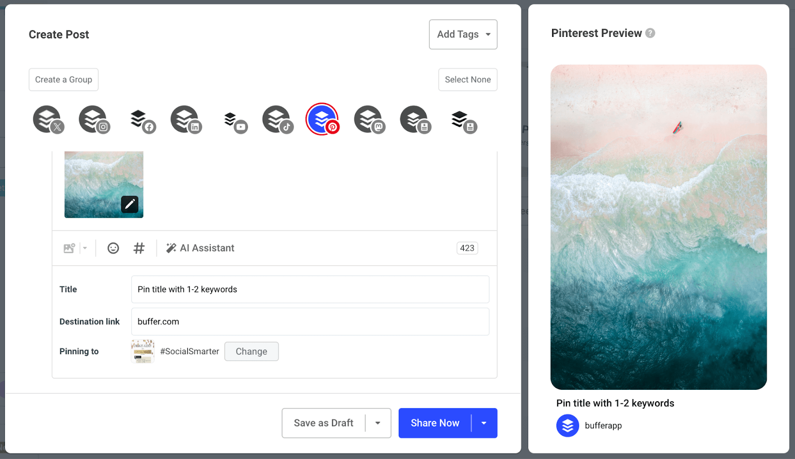a screenshot of composing a pinterest pin in Buffer