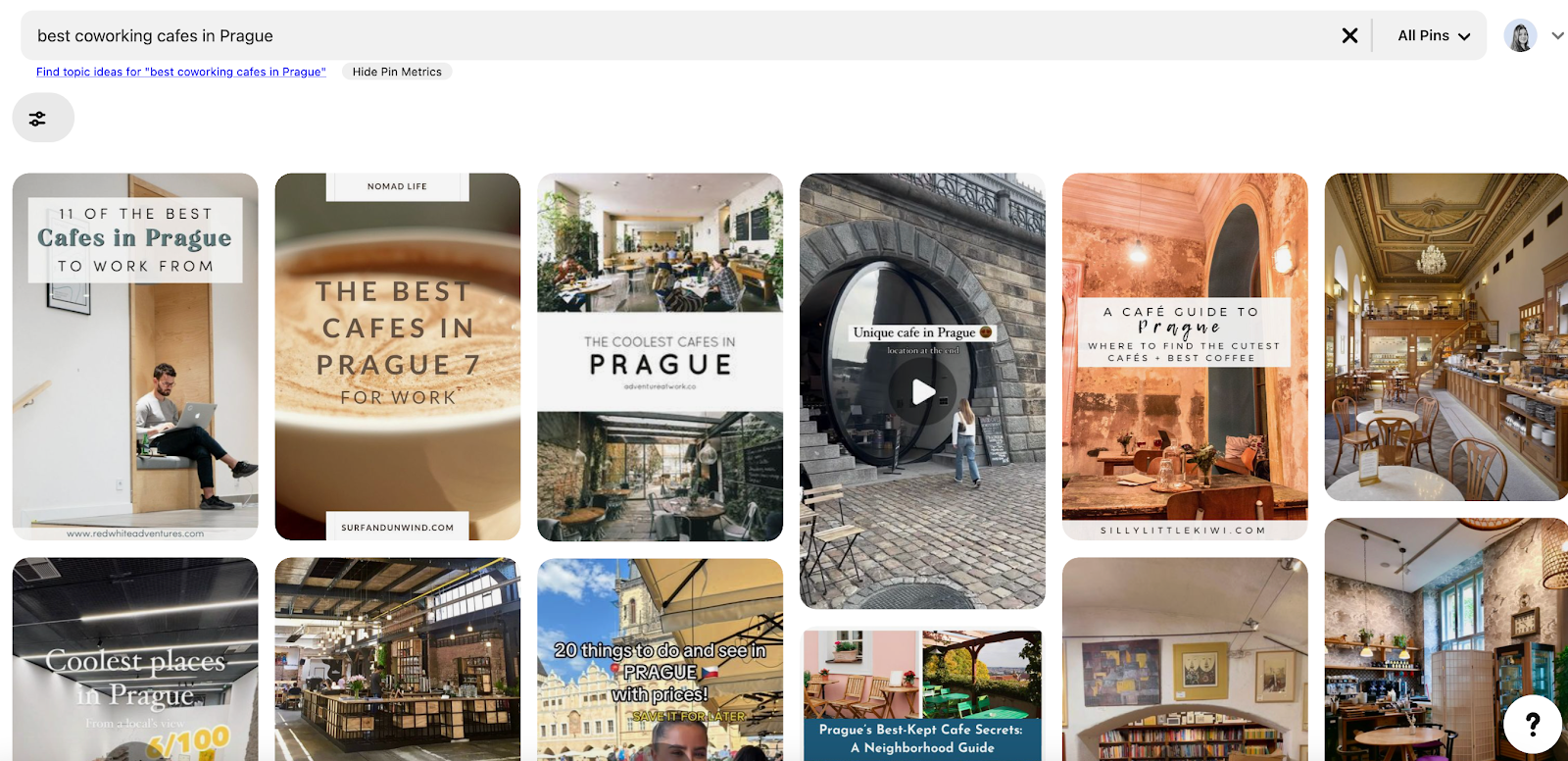 a screenshot of search results for "best coworking cafes in Prague” in Pinterest