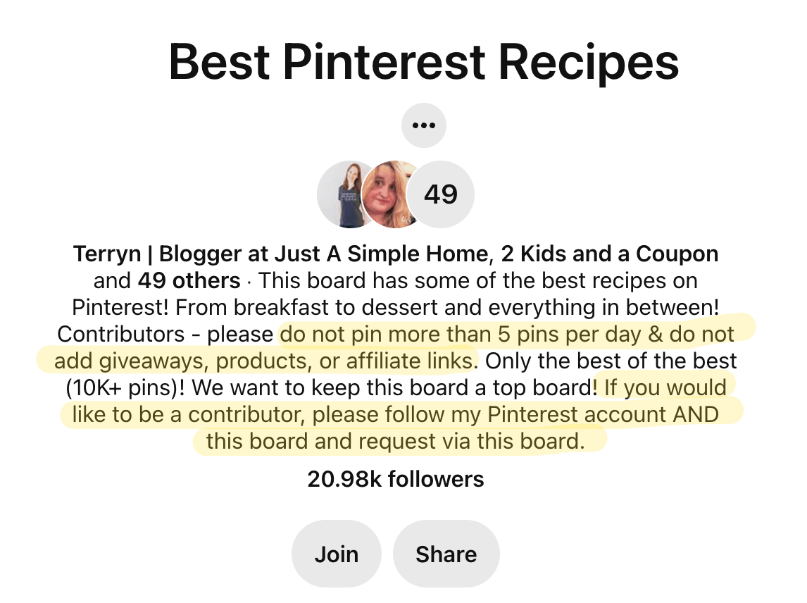 a shared pinterest board for the best recipes