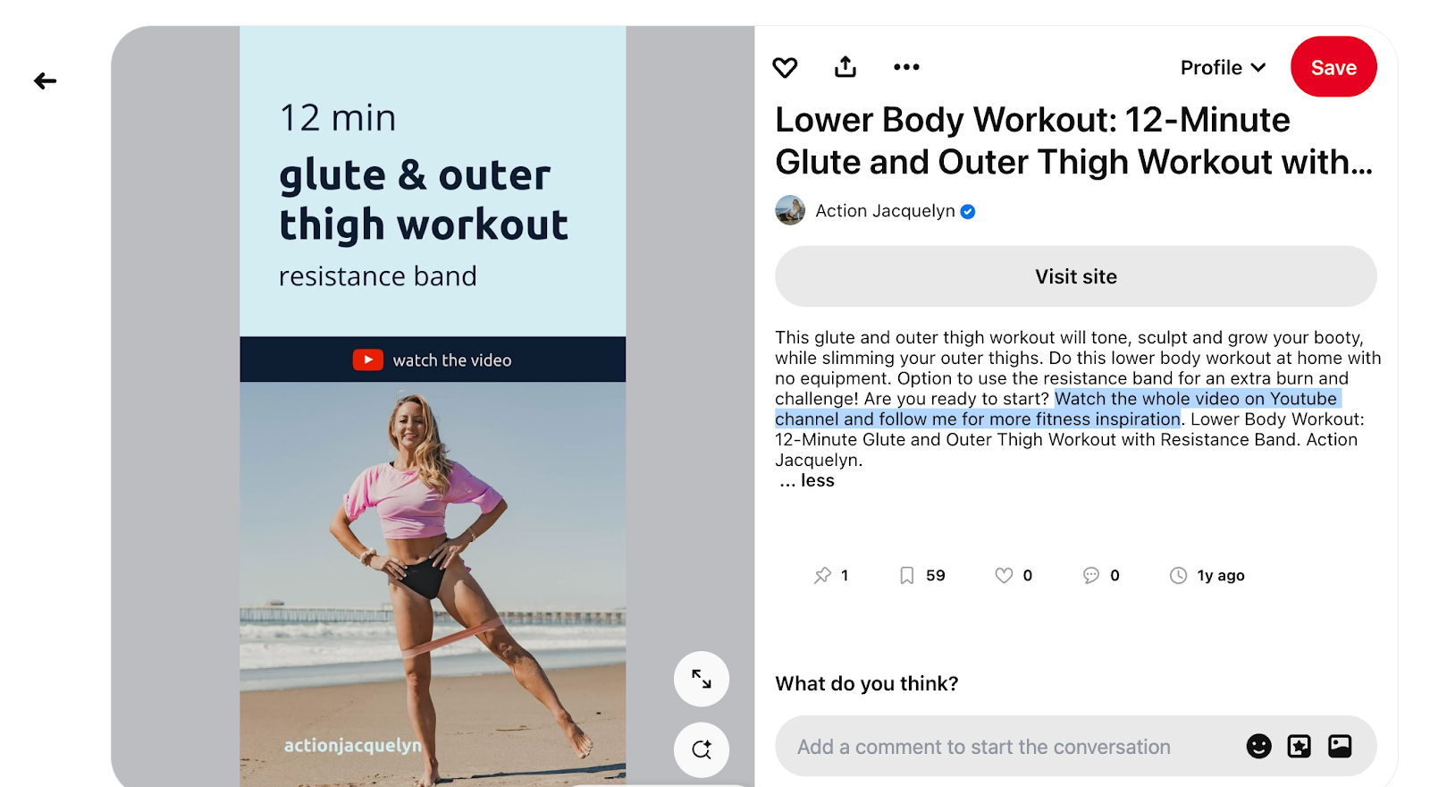 fitness creator Jacquelyn's pinterest content, a promo for her glute workout