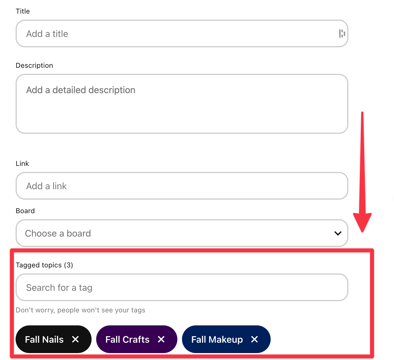 screenshot showing how to add topic tags on pinterest