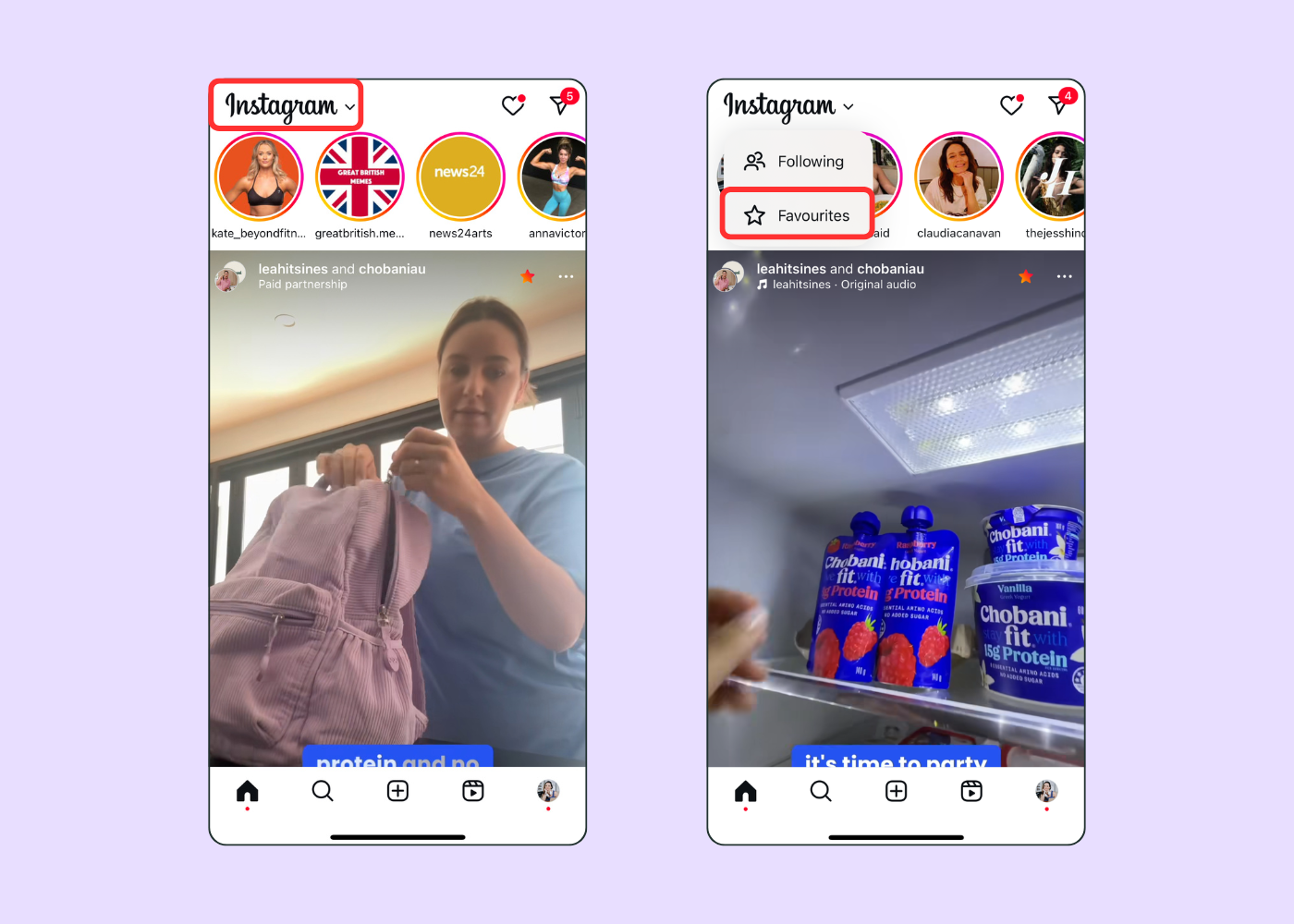 Screenshots showing how to switch to your following feed on instagram