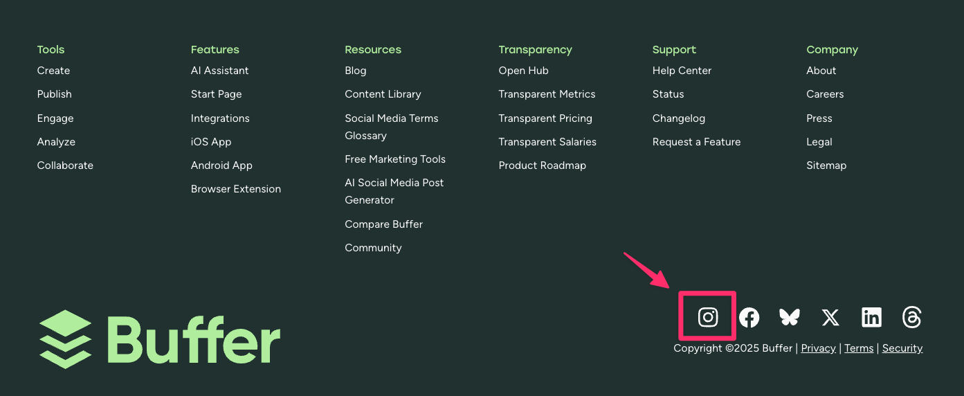 An icon that links to Buffer's Instagram profile on the footer of our website