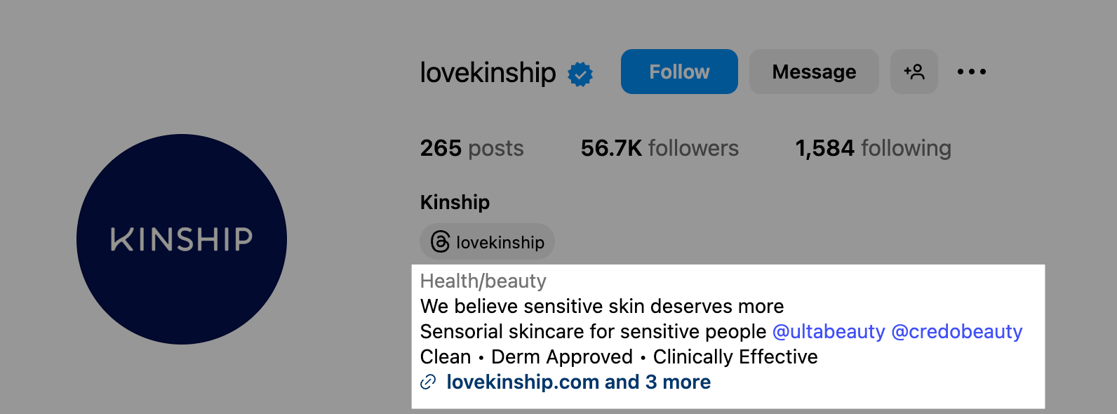 an example of strong Instagram bio to help gain more followers from a brand called kinship