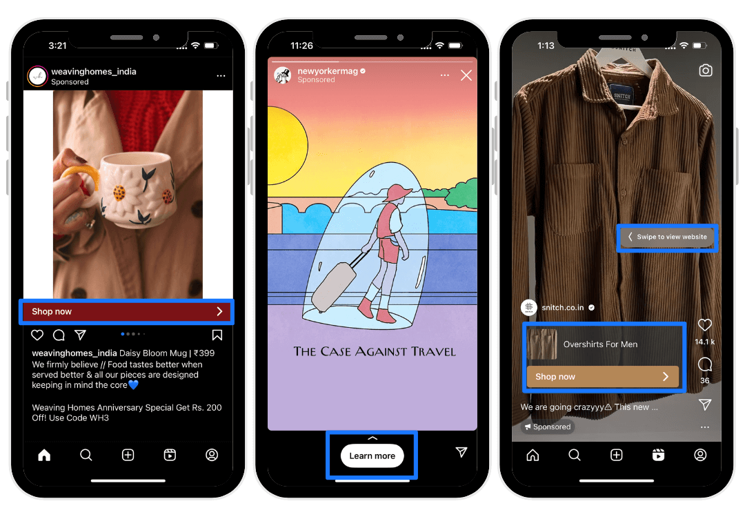 Screenshots of an Instagram Feed ad, Instagram Story ad, and Instagram Reel ad