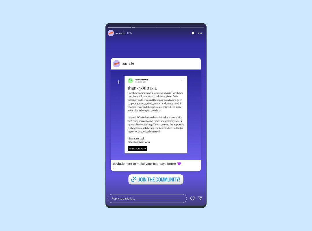Screenshot of Aavia's Instagram Stories showing UCG messages from happy customers