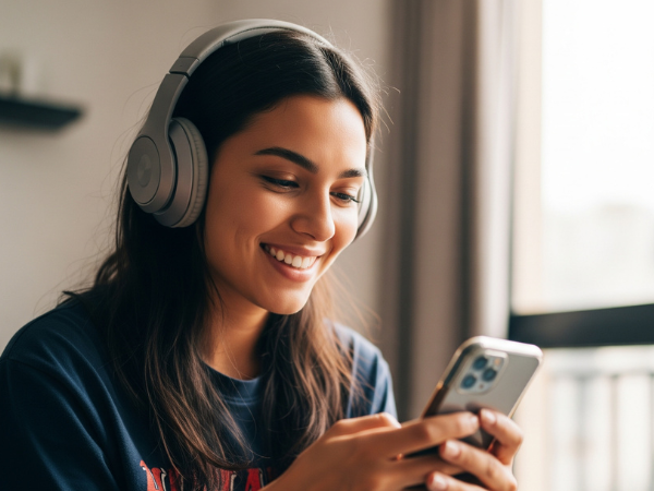 A woman smiles as she scrolls through her phone while wearing headphones, to illustrate listening to trending tiktok songs