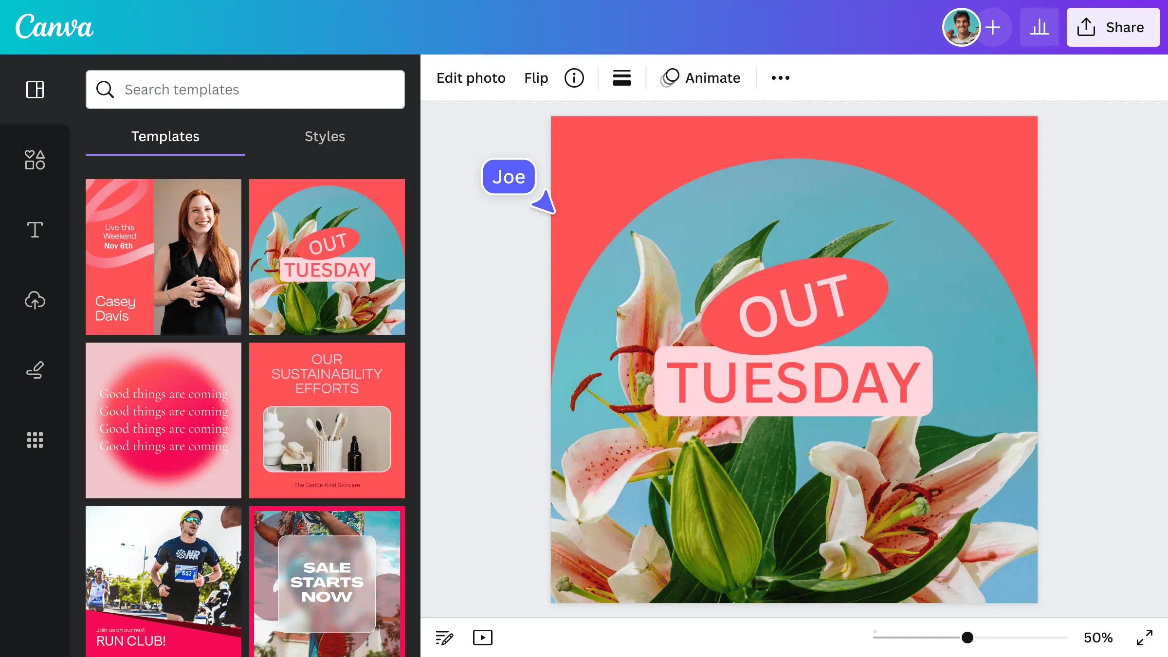 Canva editor showing a pink and blue floral design with the words ‘OUT TUESDAY’. Sidebar shows template options. A comment labeled ‘Joe’ points to the graphic