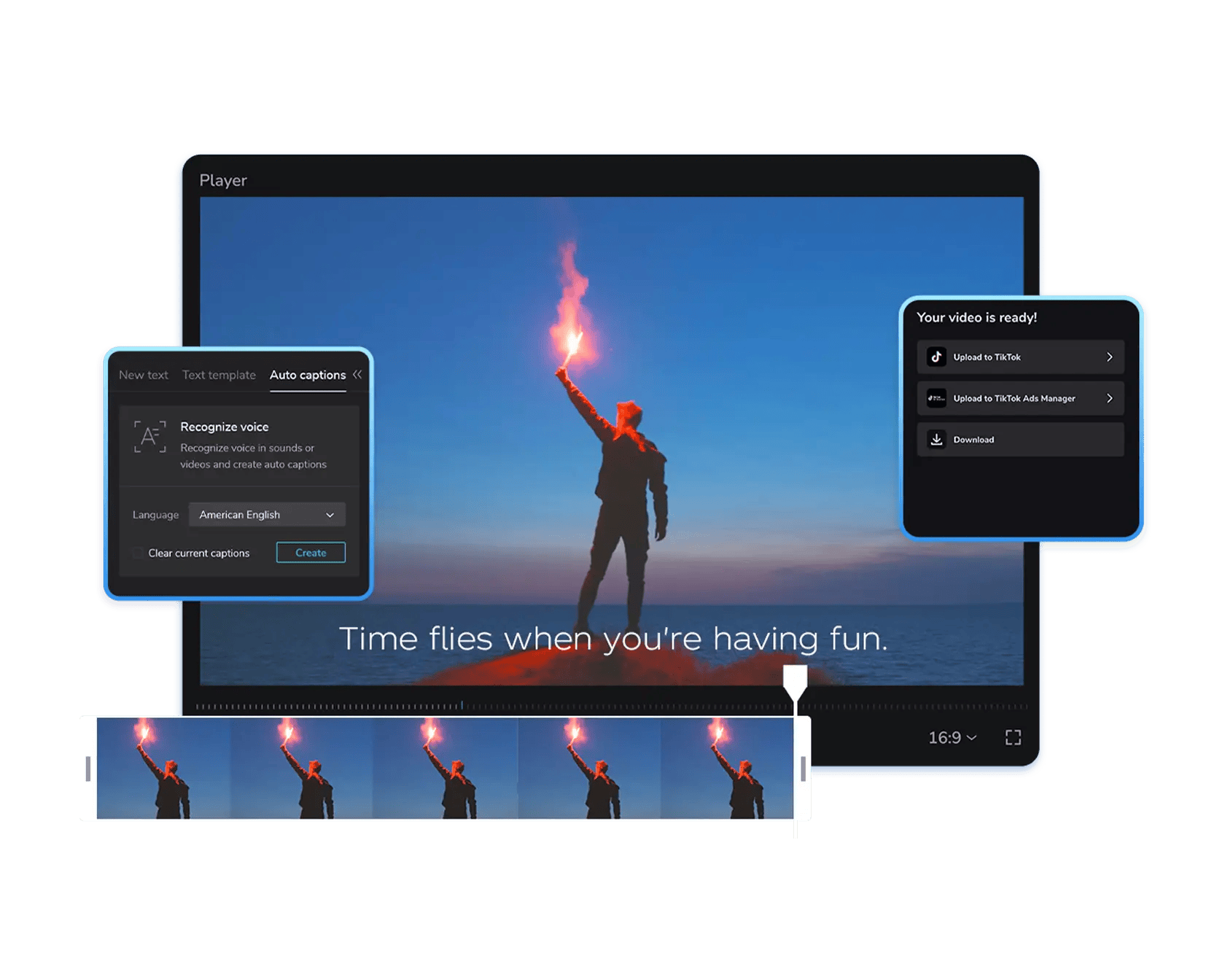 CapCut editing interface showing auto-captioning and TikTok export tools, with a video frame of a person holding a flare and the caption “Time flies when you’re having fun.”