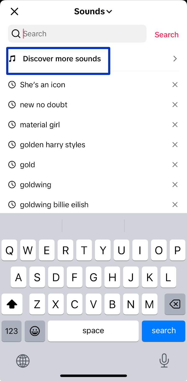 a screenshot of hitting 'discover more sounds' in TikTok's search function